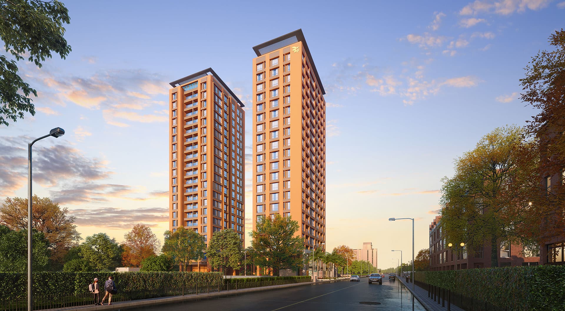 A modern, eco-friendly building facade with lush greenery.