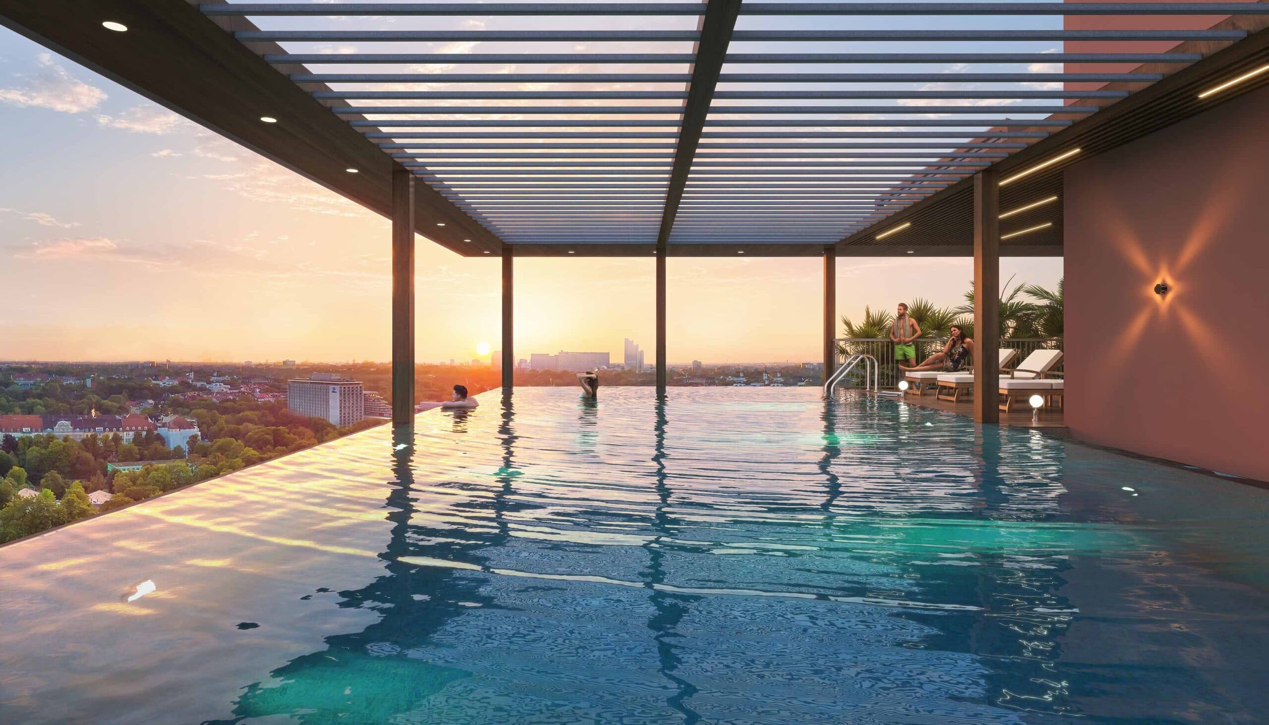 Stunning infinity swimming deck overlooking the city at Vivencia Koregaon Park.
